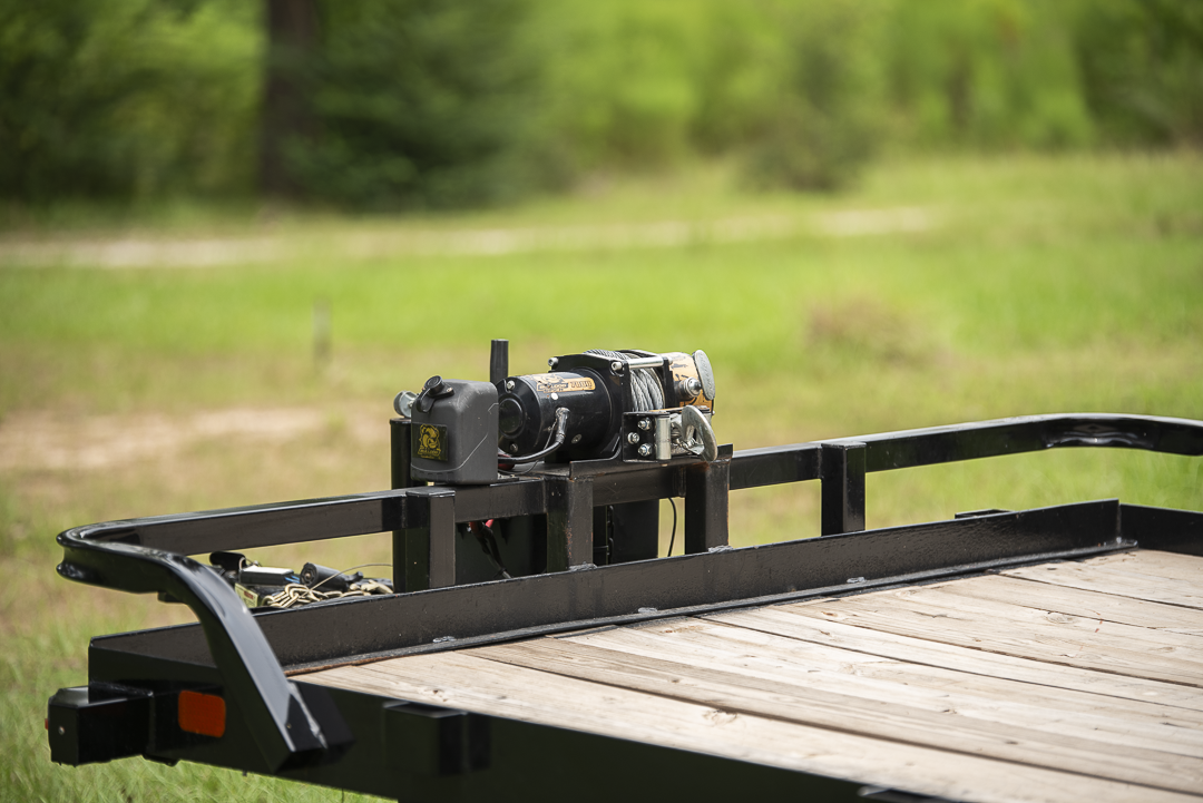 Close-up of electric winch system on 18ft car hauler trailer